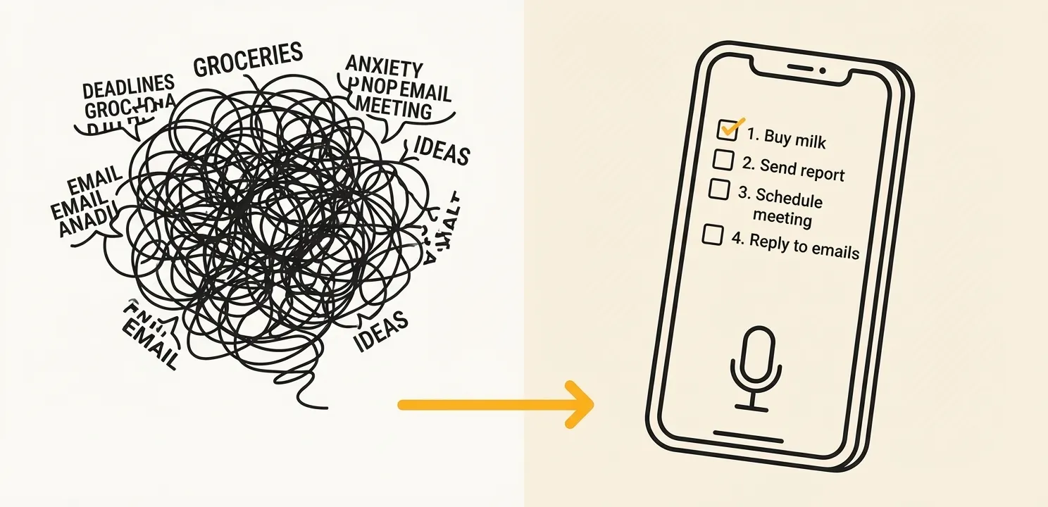 Thoughts being organized into a clear checklist using Dopamind voice input