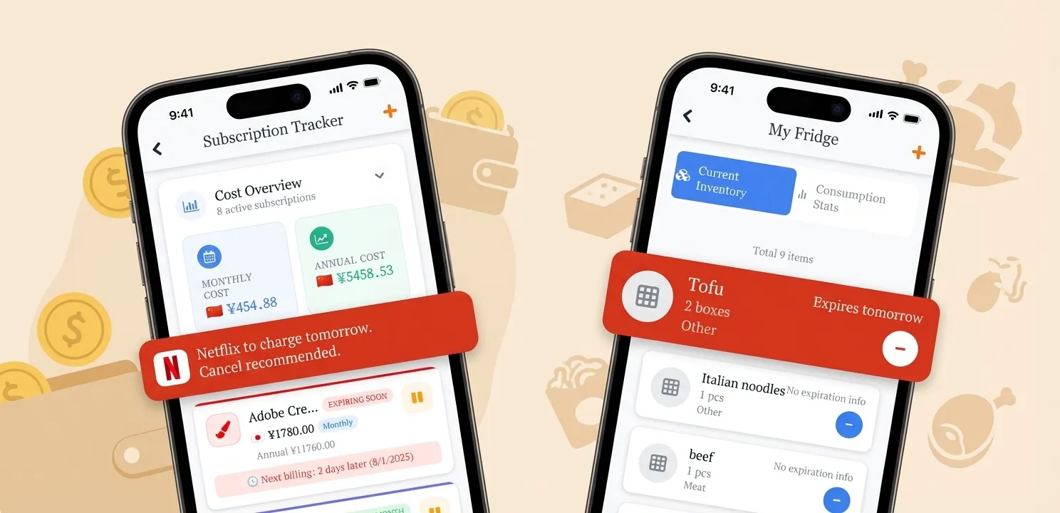 Dopamind app displaying subscription renewal alerts and fridge inventory expiration reminders